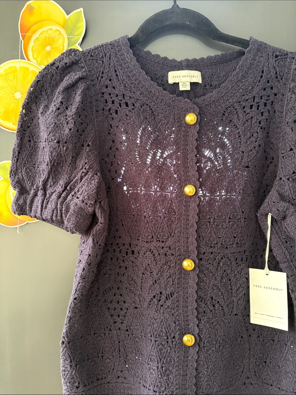 Free Assembly Navy Knit Puff-Sleeve Cardigan with Gold Buttons NWT